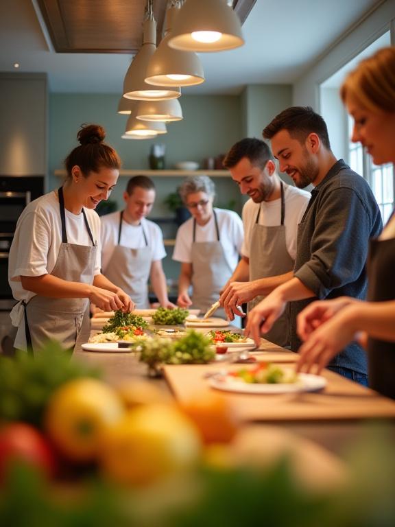 En grupp människor som deltar i en matlagningsworkshop i en elegant, ljus köksmiljö, med fokus på interaktion och lärande.